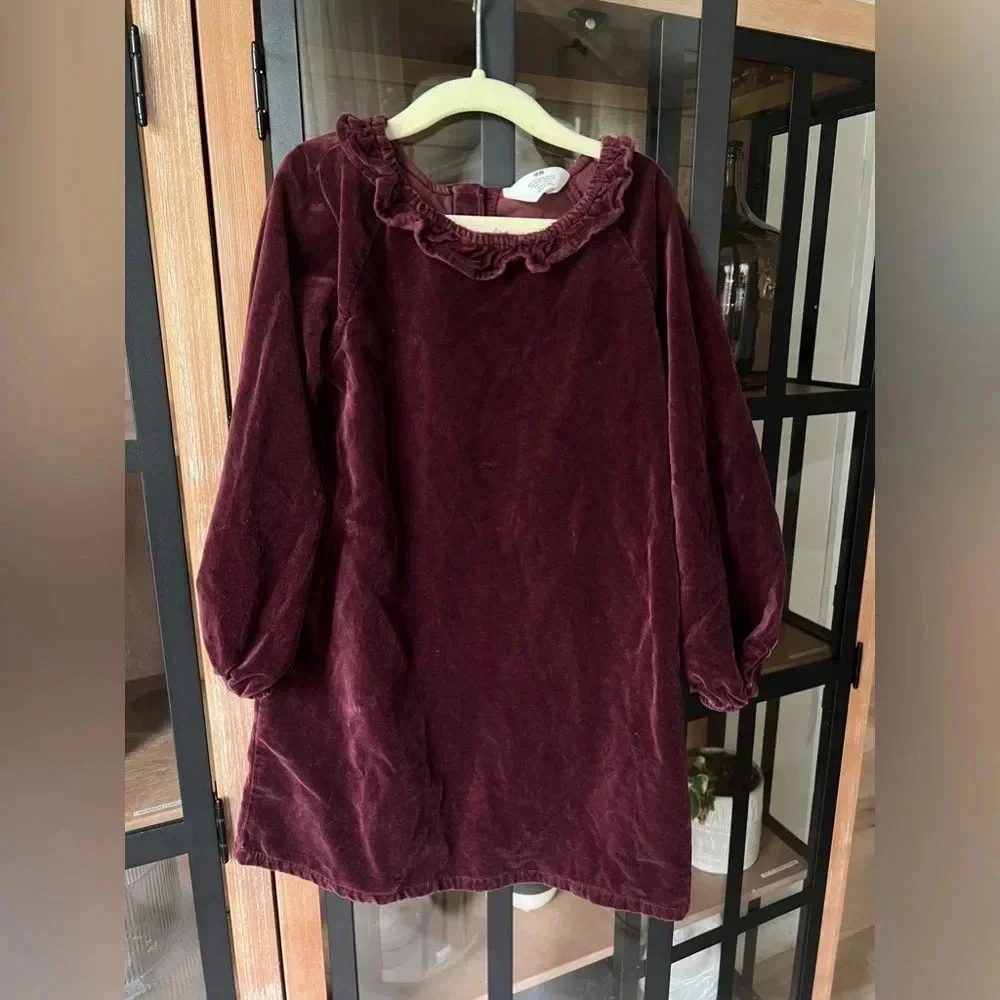H&M kids girls velvet dress burgundy long sleeve holidays ruffles shift formal